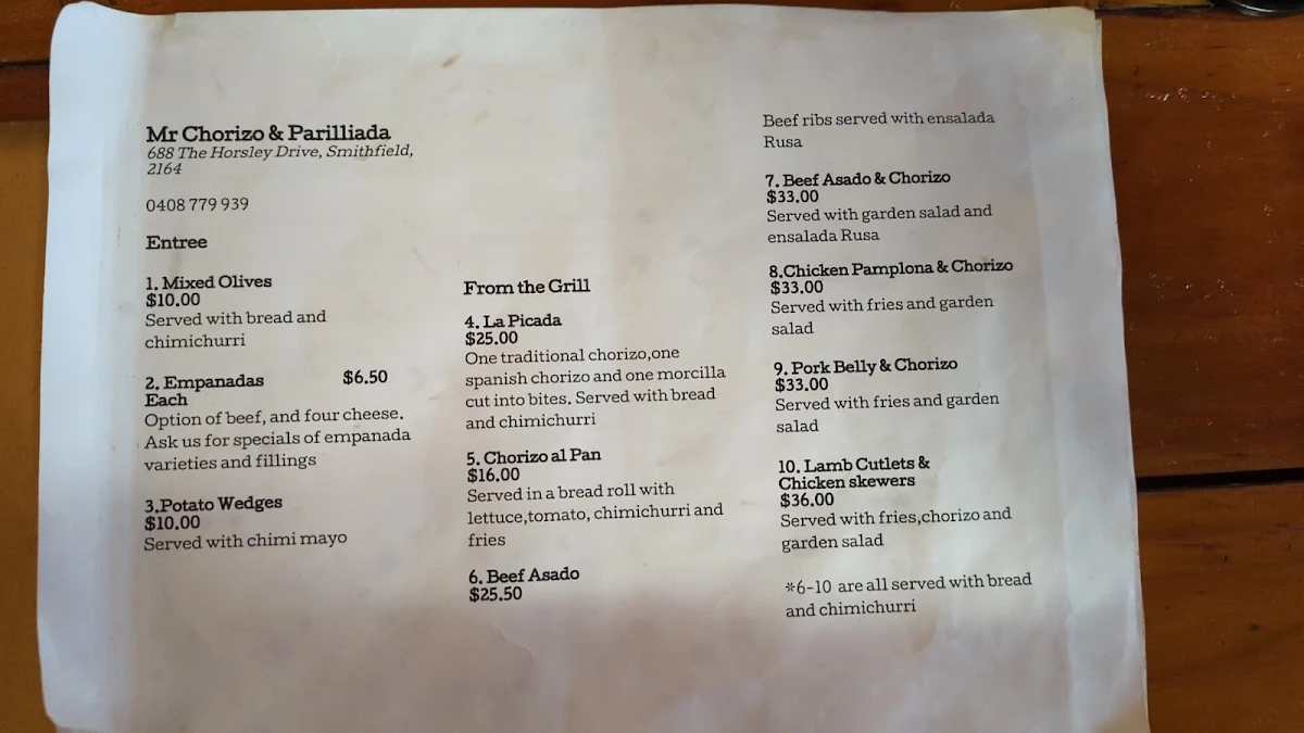 Menu, Mr Chorizo & Parrillada
