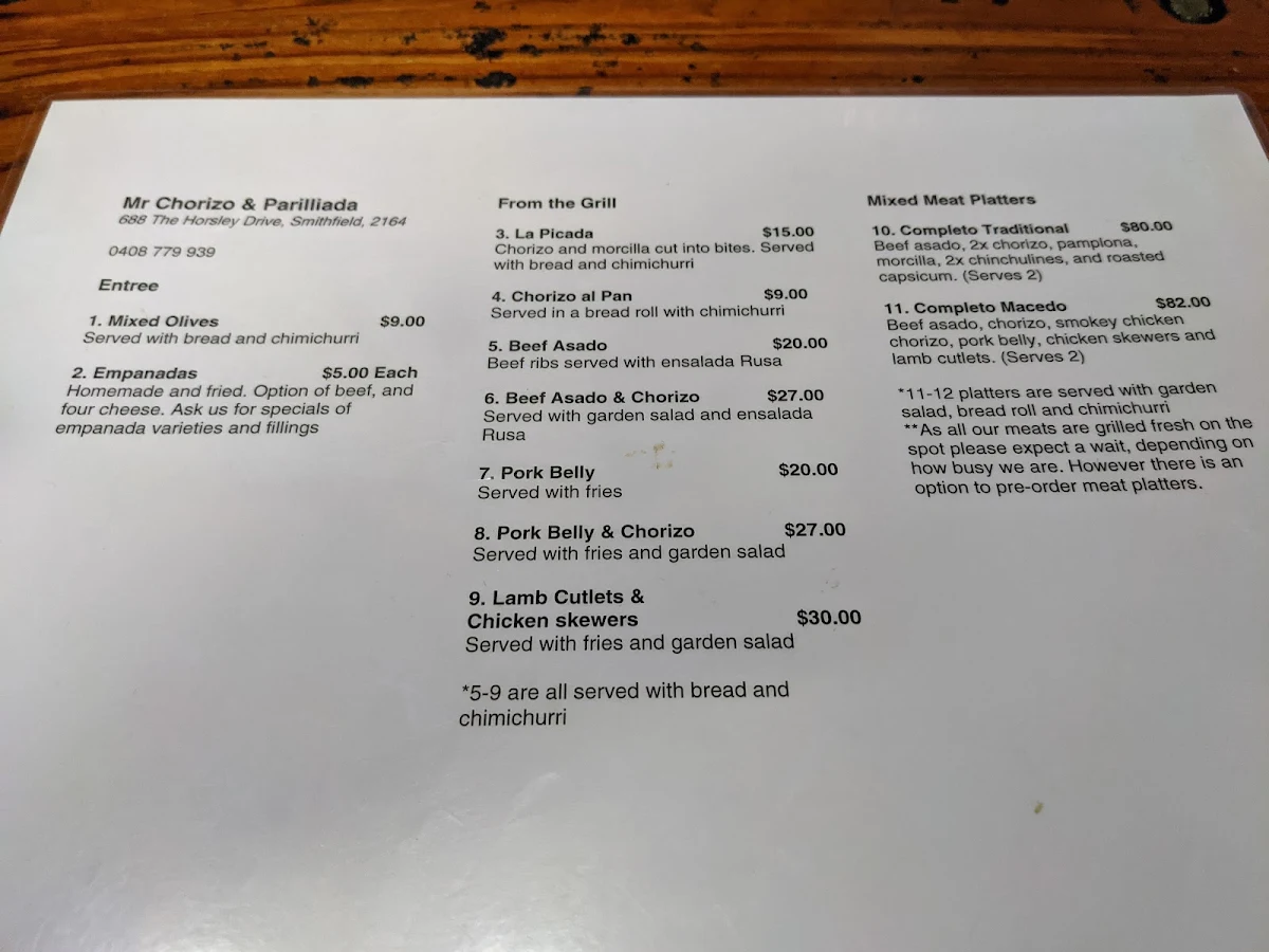 Menu, Mr Chorizo & Parrillada