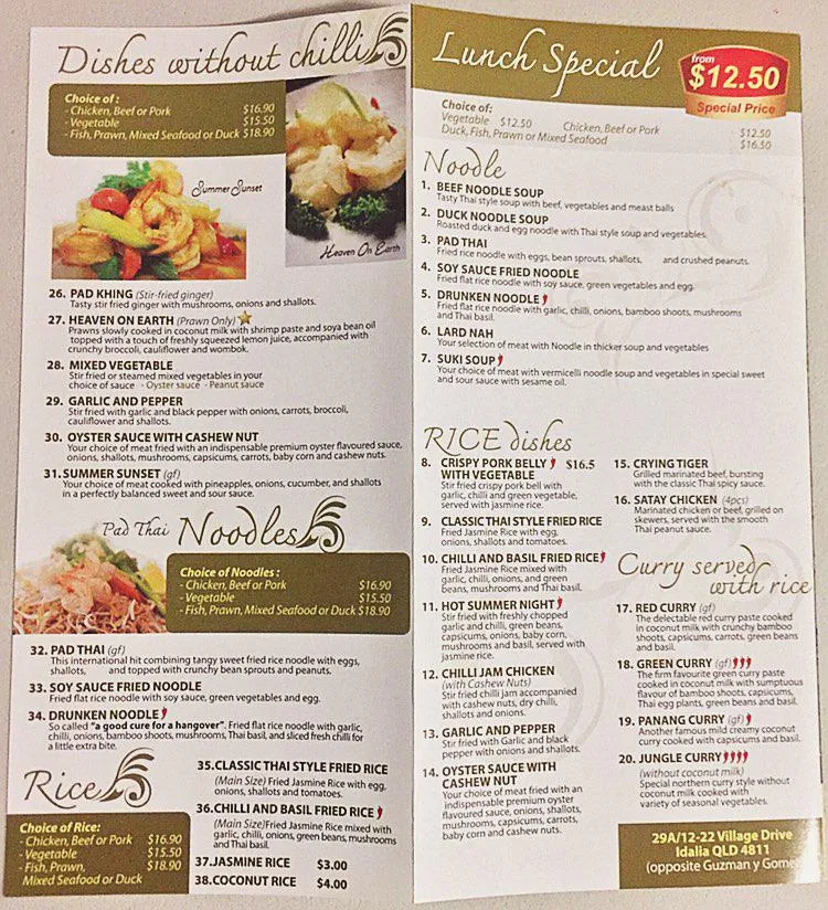 Menu, Summerie's Thai, Townsville