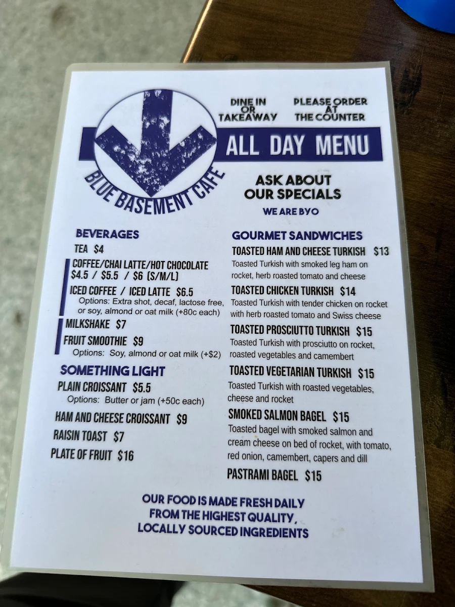 Menu, Blue Basement Cafe