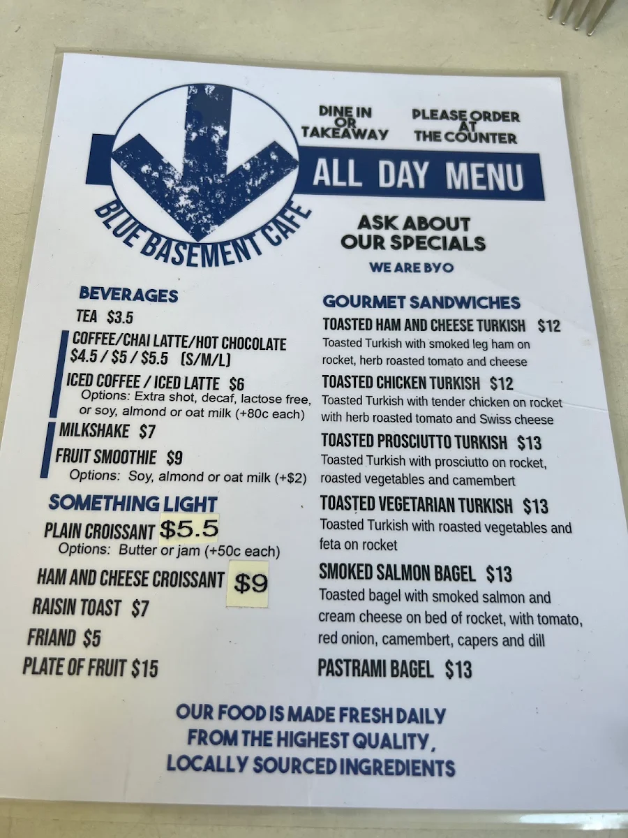 Menu, Blue Basement Cafe