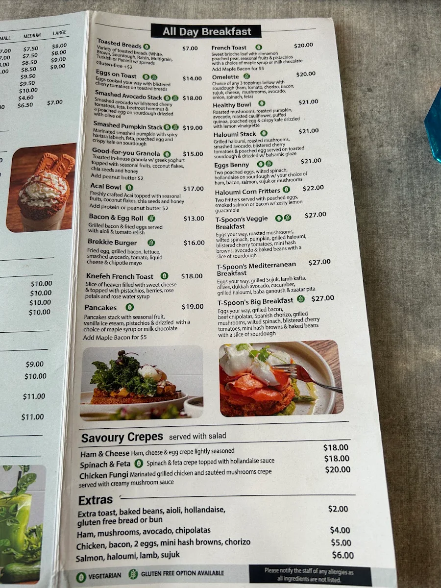 Menu, The T-Spoon Cafe Eastern Creek