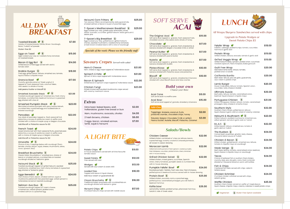 Menu, The T-Spoon Cafe Eastern Creek