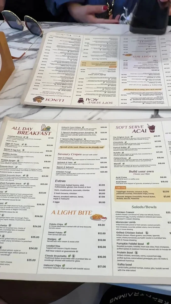 Menu, The T-Spoon Cafe Eastern Creek