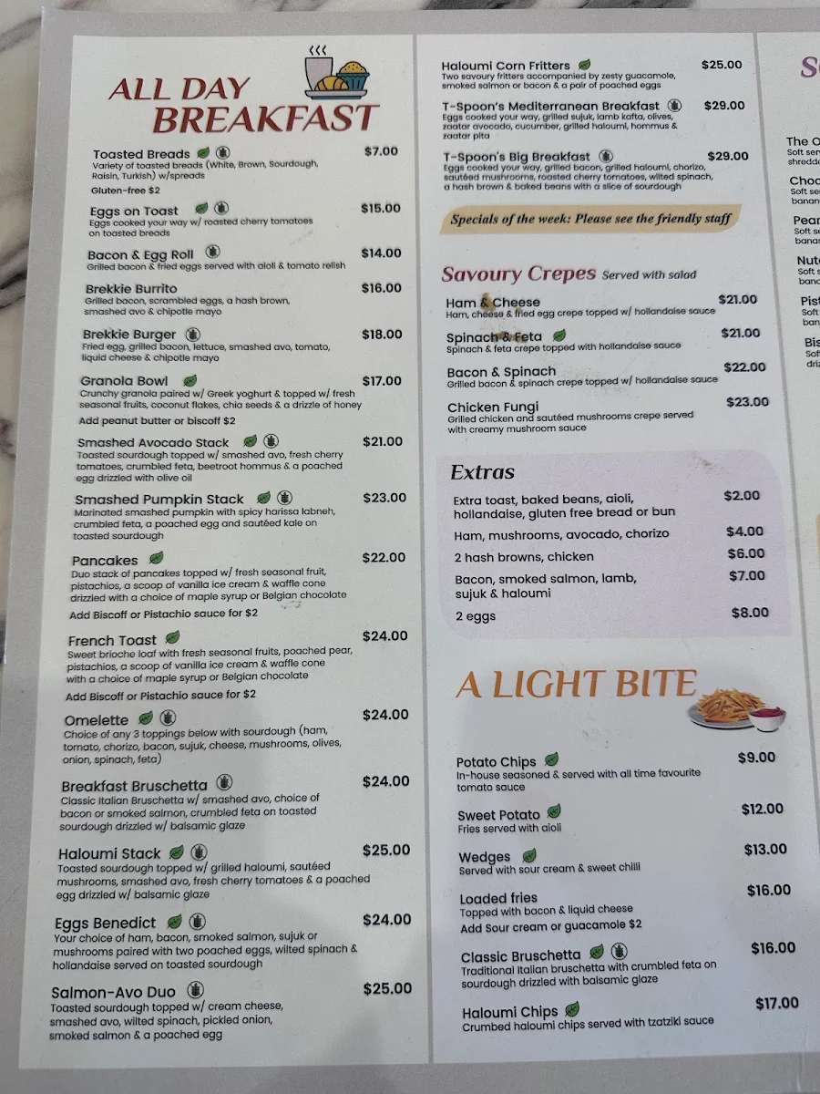 Menu, The T-Spoon Cafe Eastern Creek