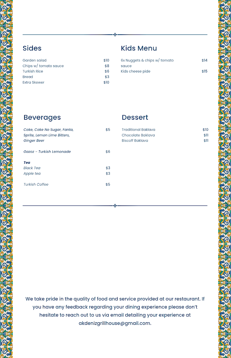 Menu, Akdeniz Grill House