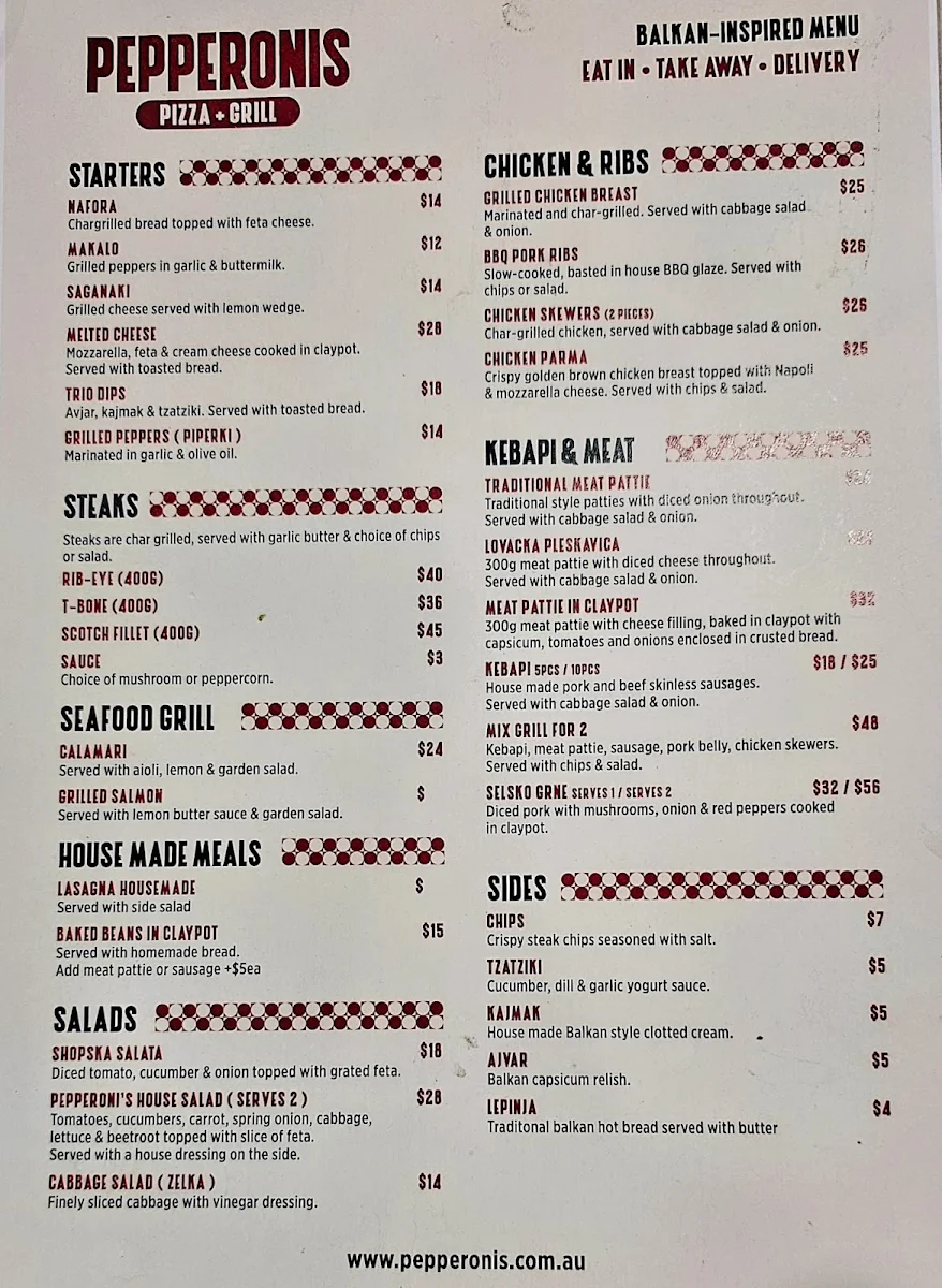 Menu, Pepperonis Pizza and Grill