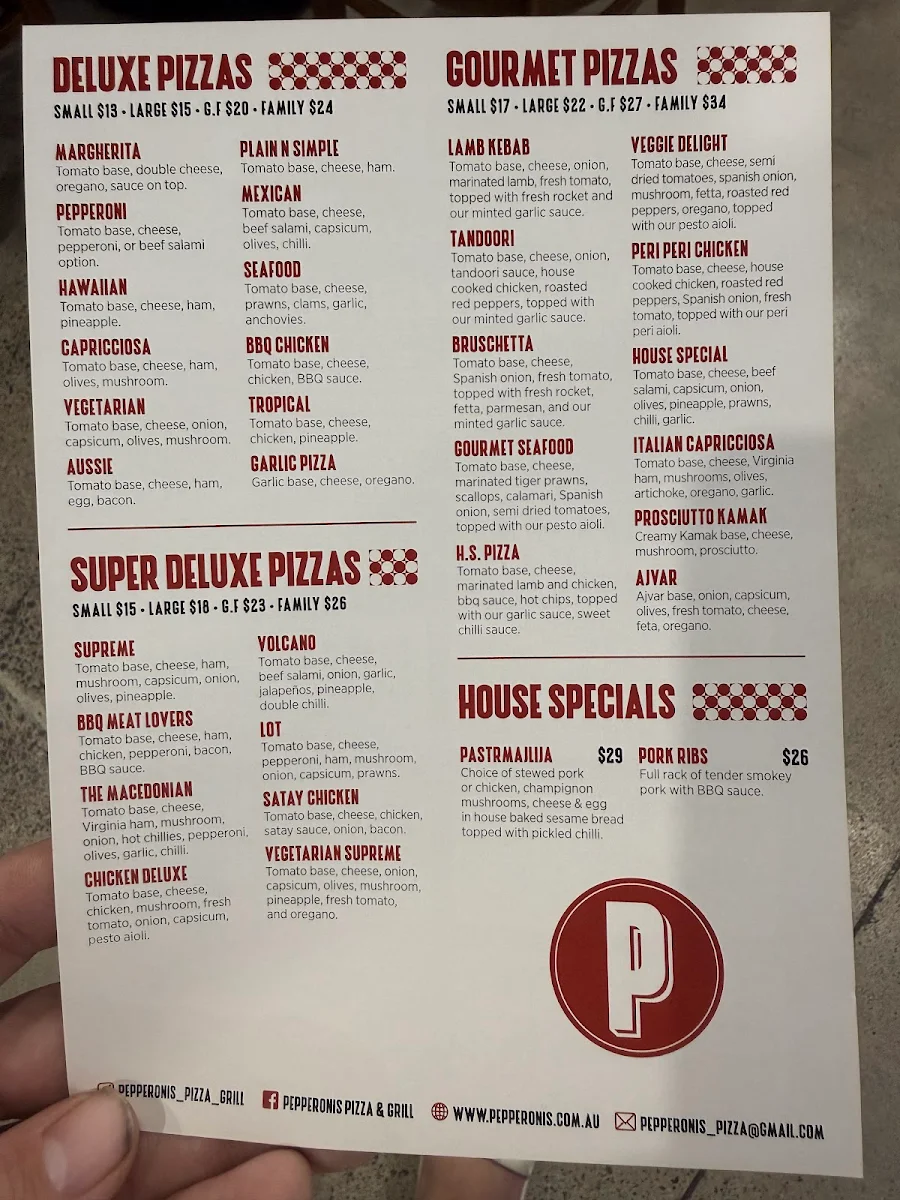 Menu, Pepperonis Pizza and Grill