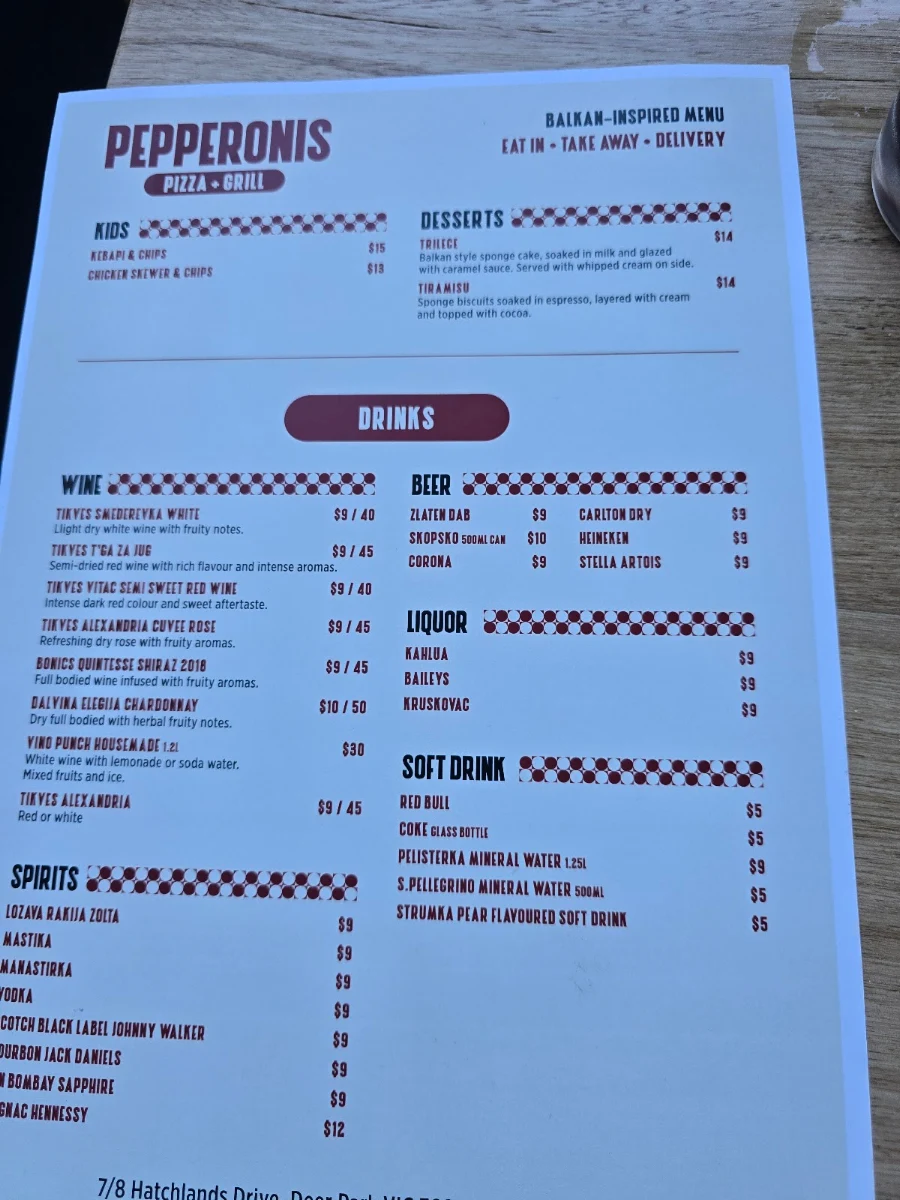 Menu, Pepperonis Pizza and Grill