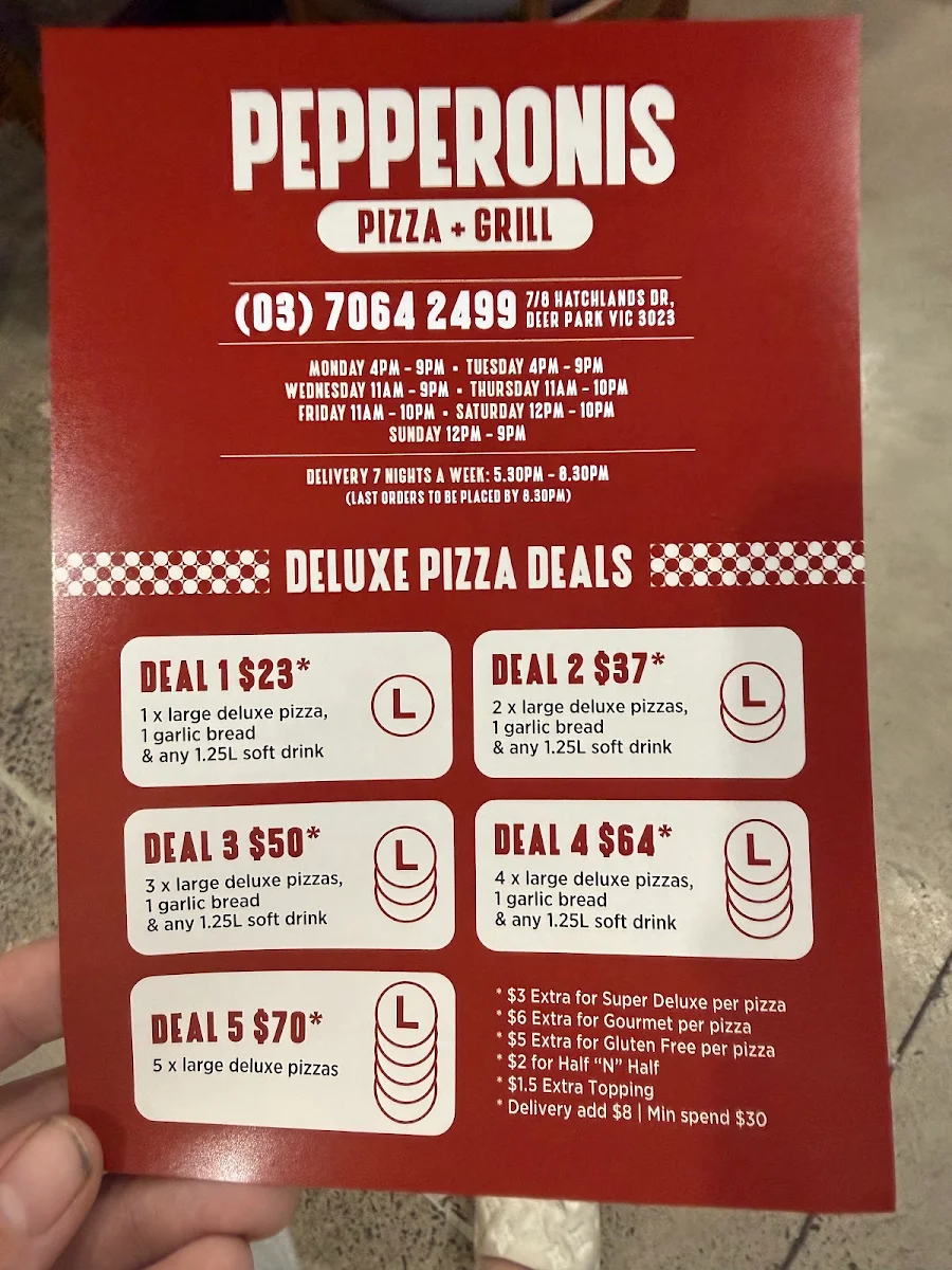 Menu, Pepperonis Pizza and Grill