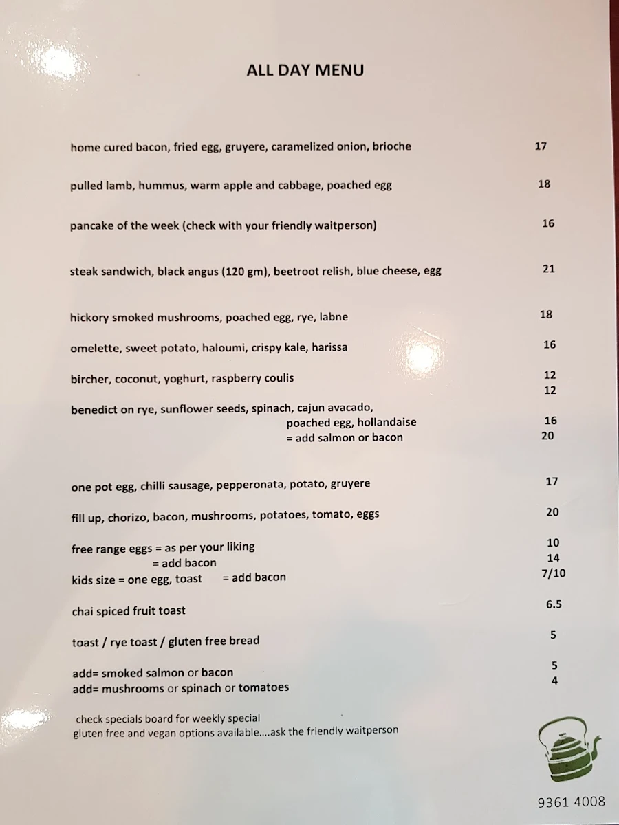 Menu, Kettle Cafe