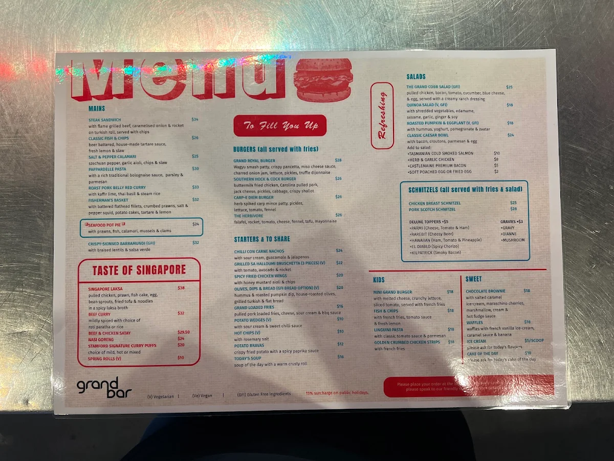 Menu, The Grand Bar
