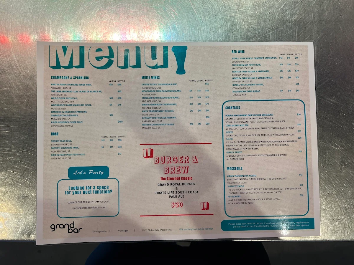 Menu, The Grand Bar