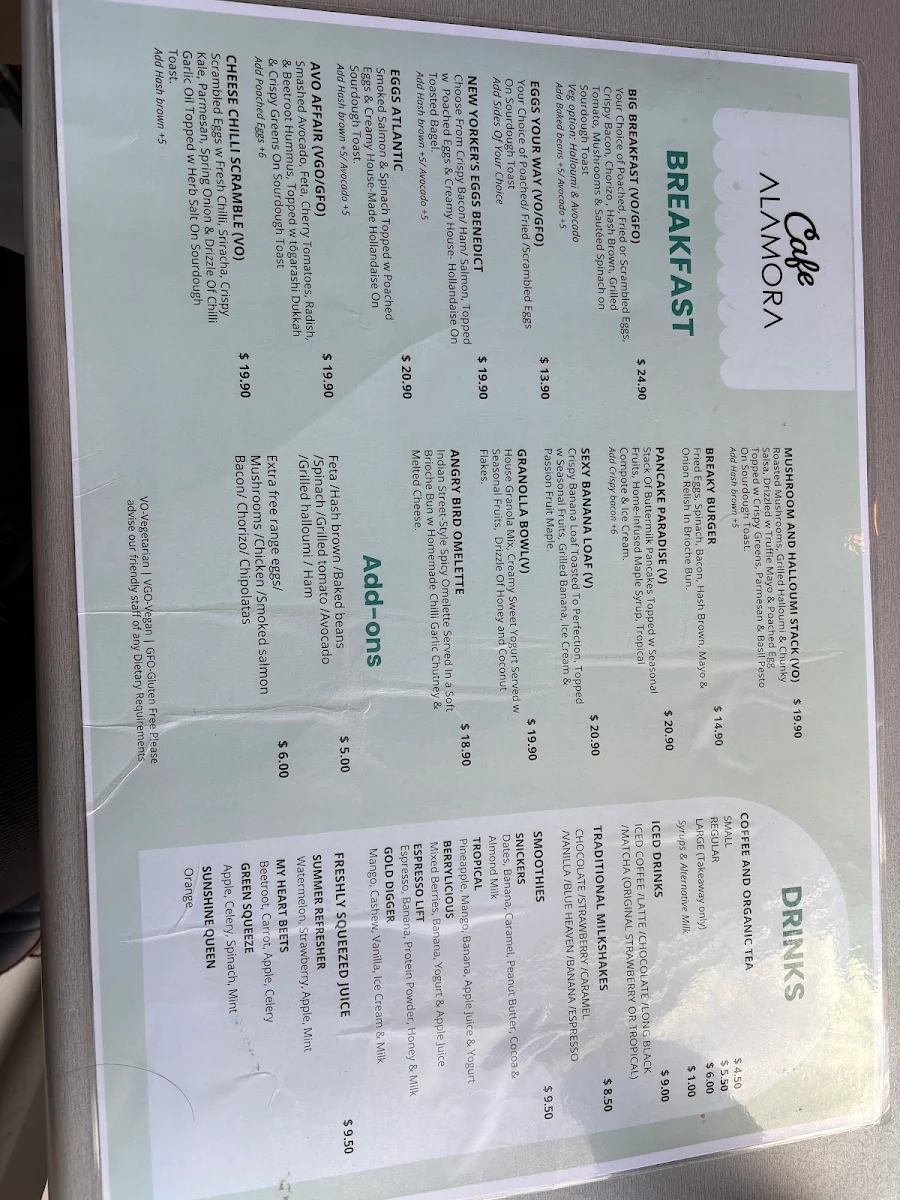 Menu, Cafe Alamora