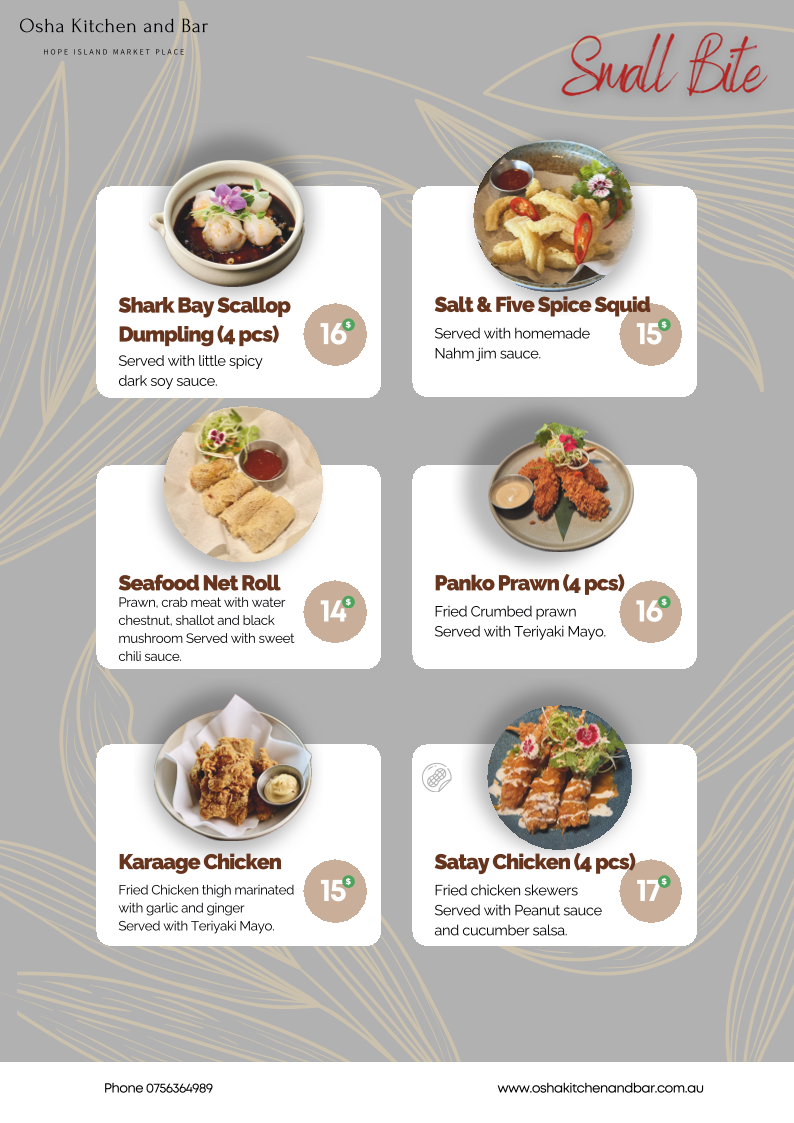 Menu, Osha Kitchen & Bar