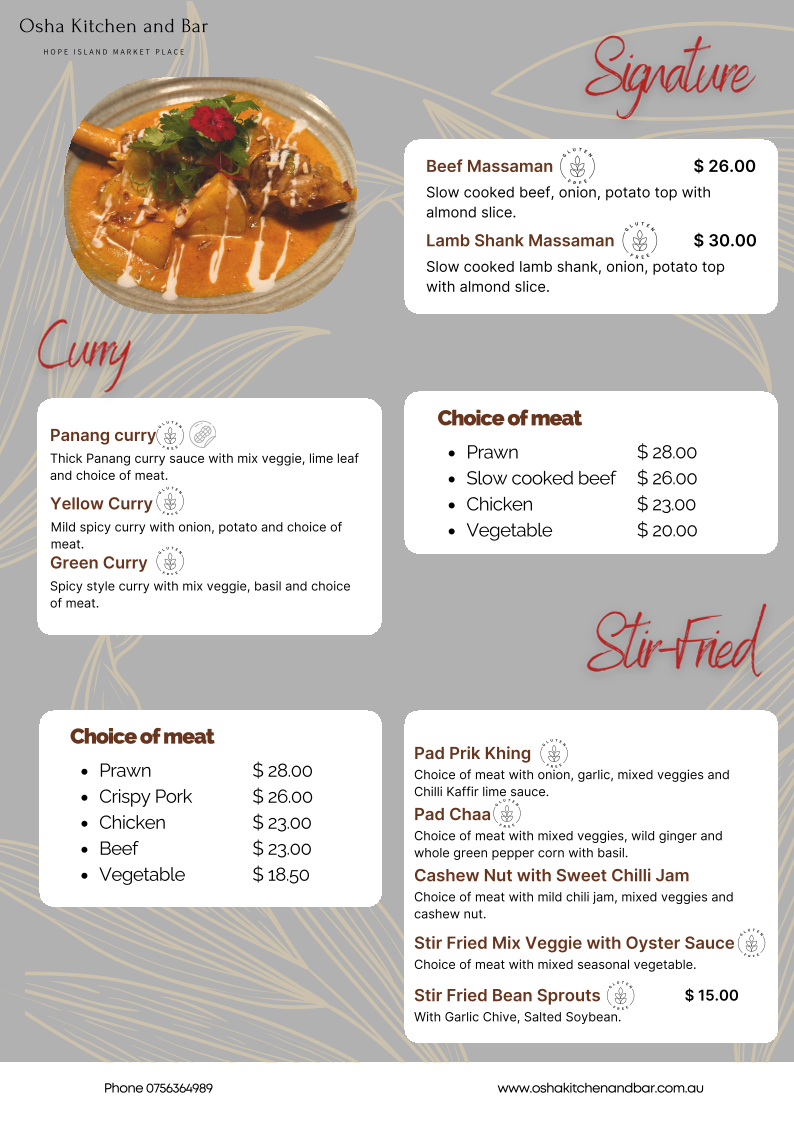 Menu, Osha Kitchen & Bar