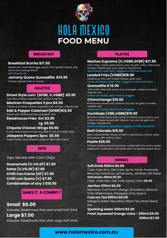 Menu, Hola Mexico QV Melbourne