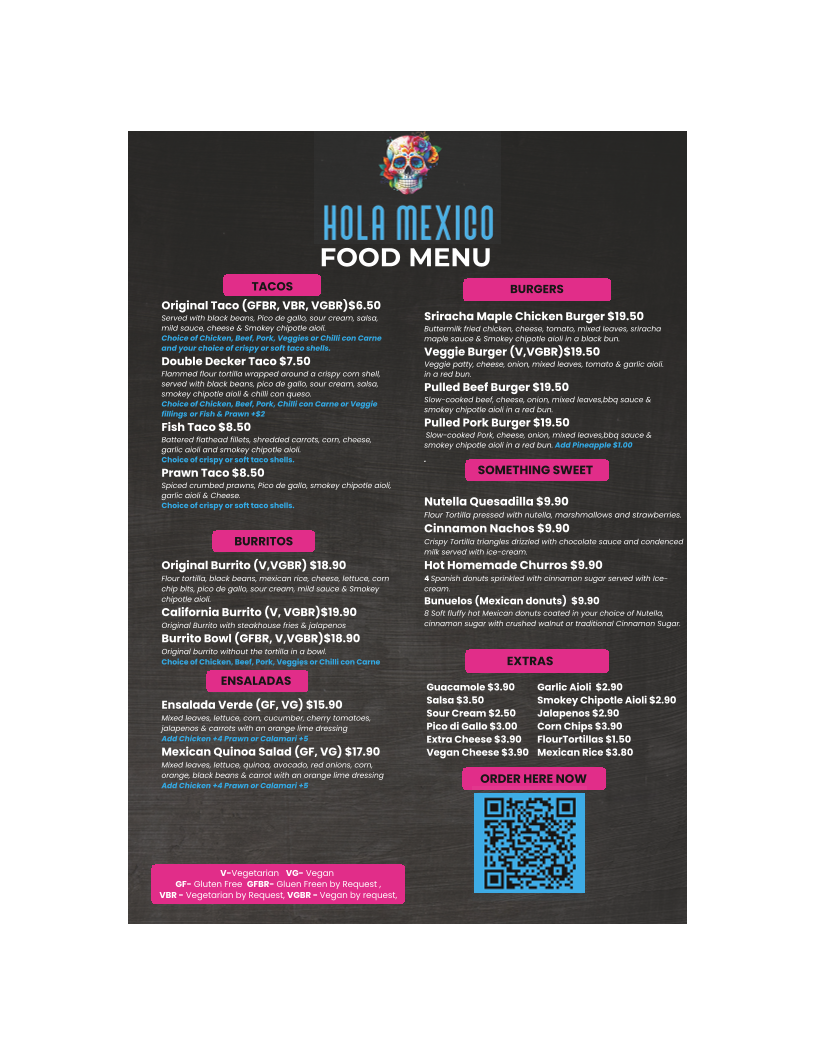 Menu, Hola Mexico QV Melbourne
