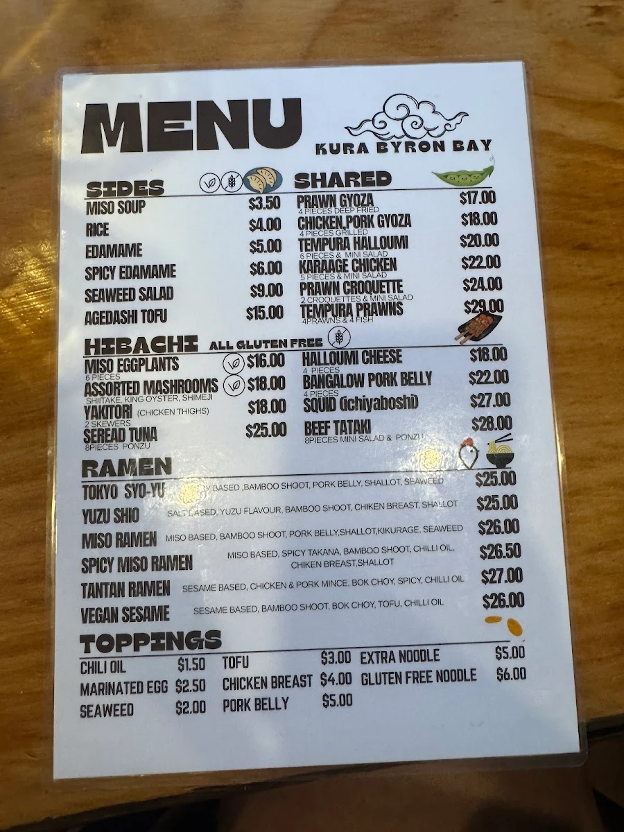 Menu, Kura Byron Bay