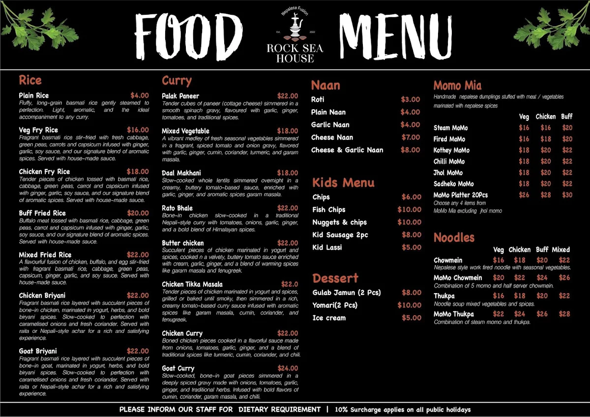 Menu, RockSea House