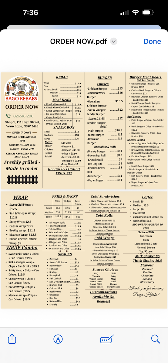 Menu, Bago Kebabs