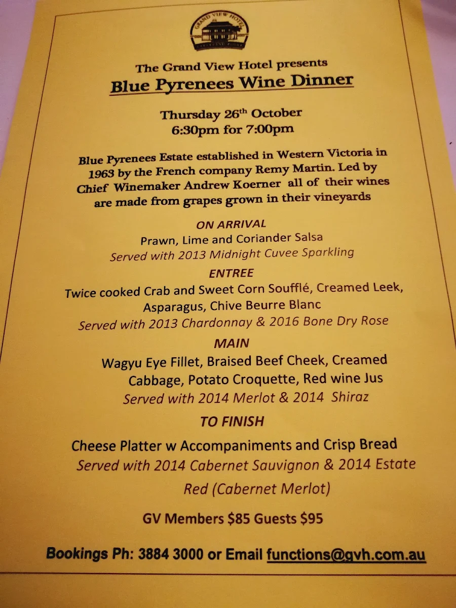 Menu, Grand View Hotel