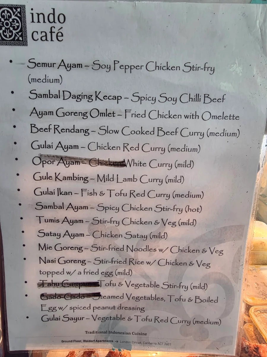 Menu, Indo Cafe