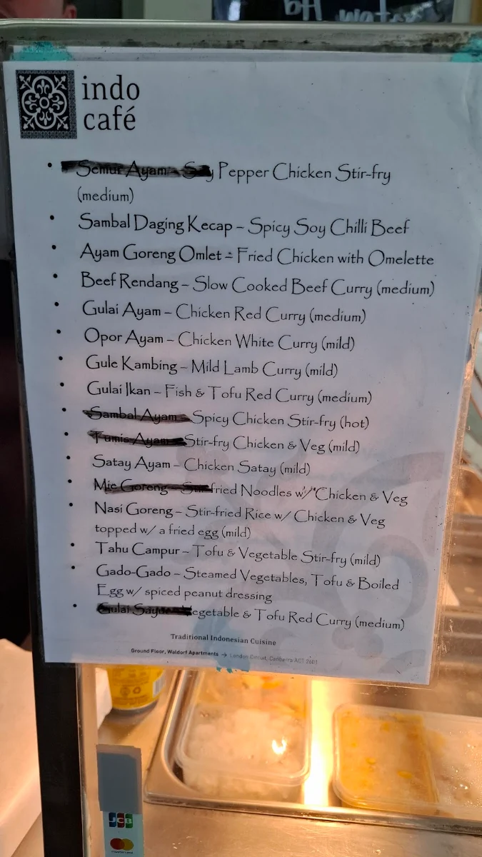 Menu, Indo Cafe