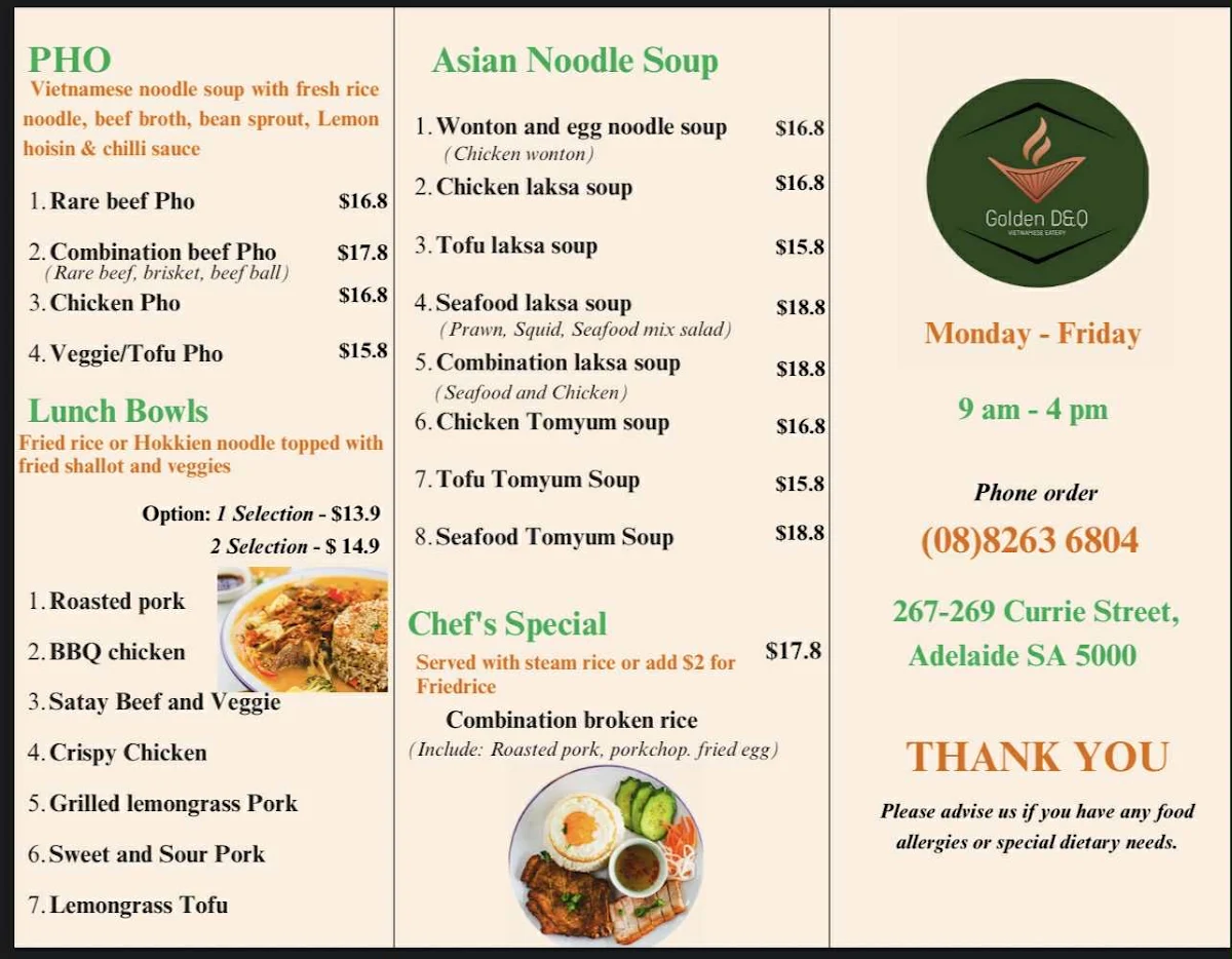 Menu, Golden DnQ - Vietnam Eatery