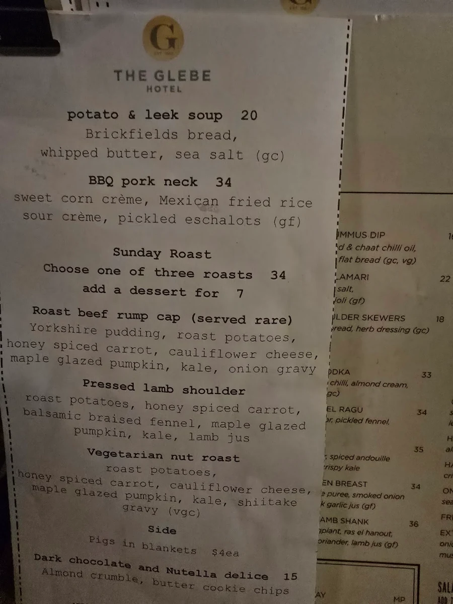 Menu, The Glebe Hotel
