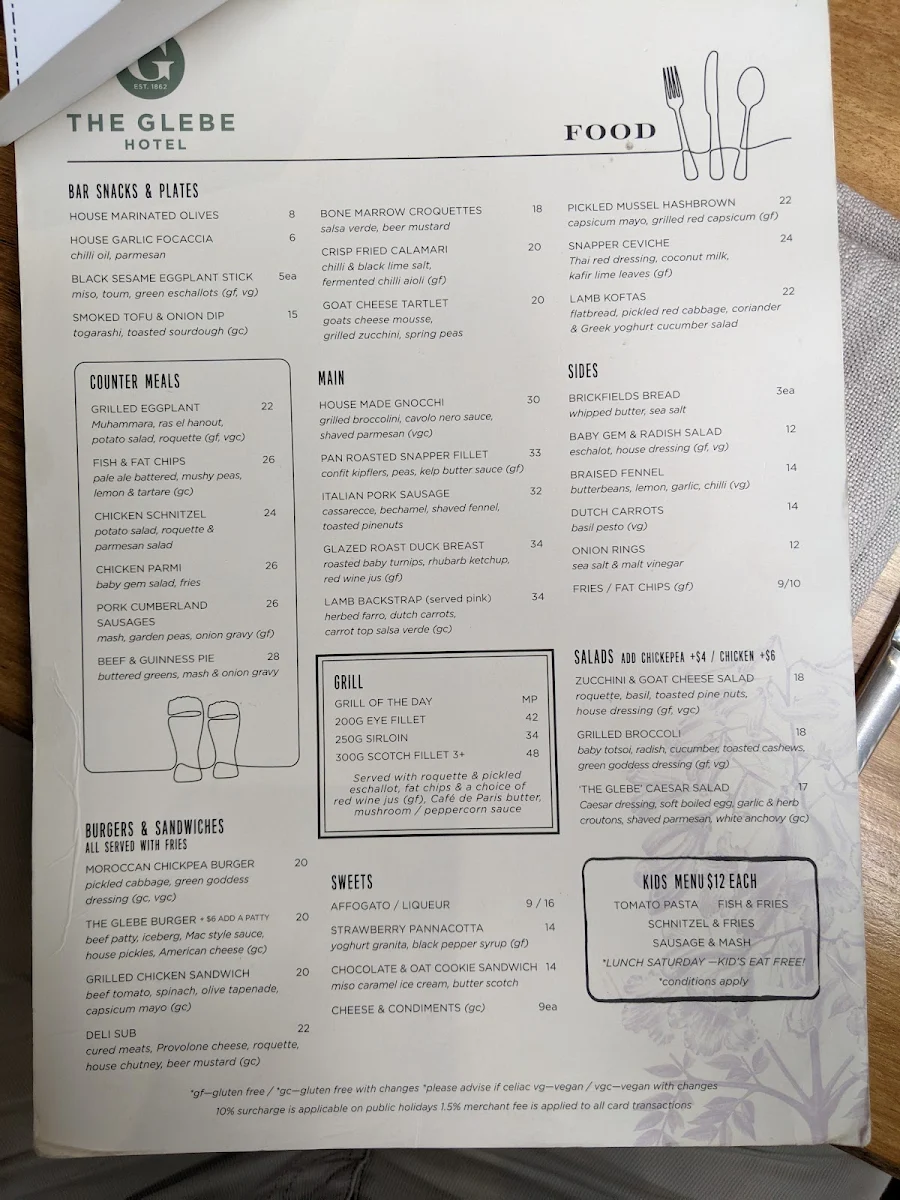 Menu, The Glebe Hotel