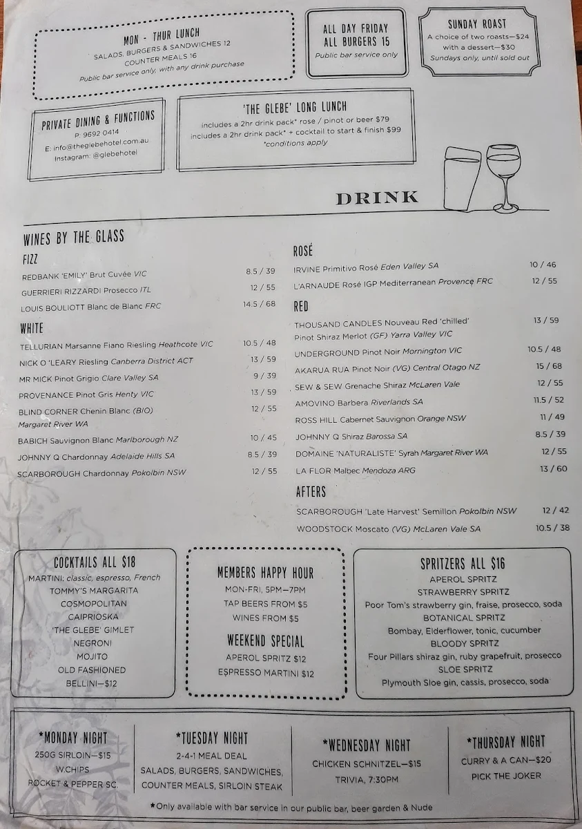 Menu, The Glebe Hotel