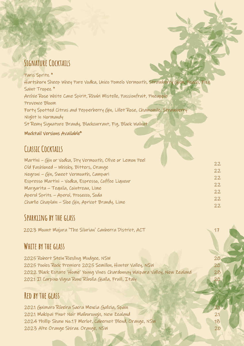 Menu, Joie Brasserie