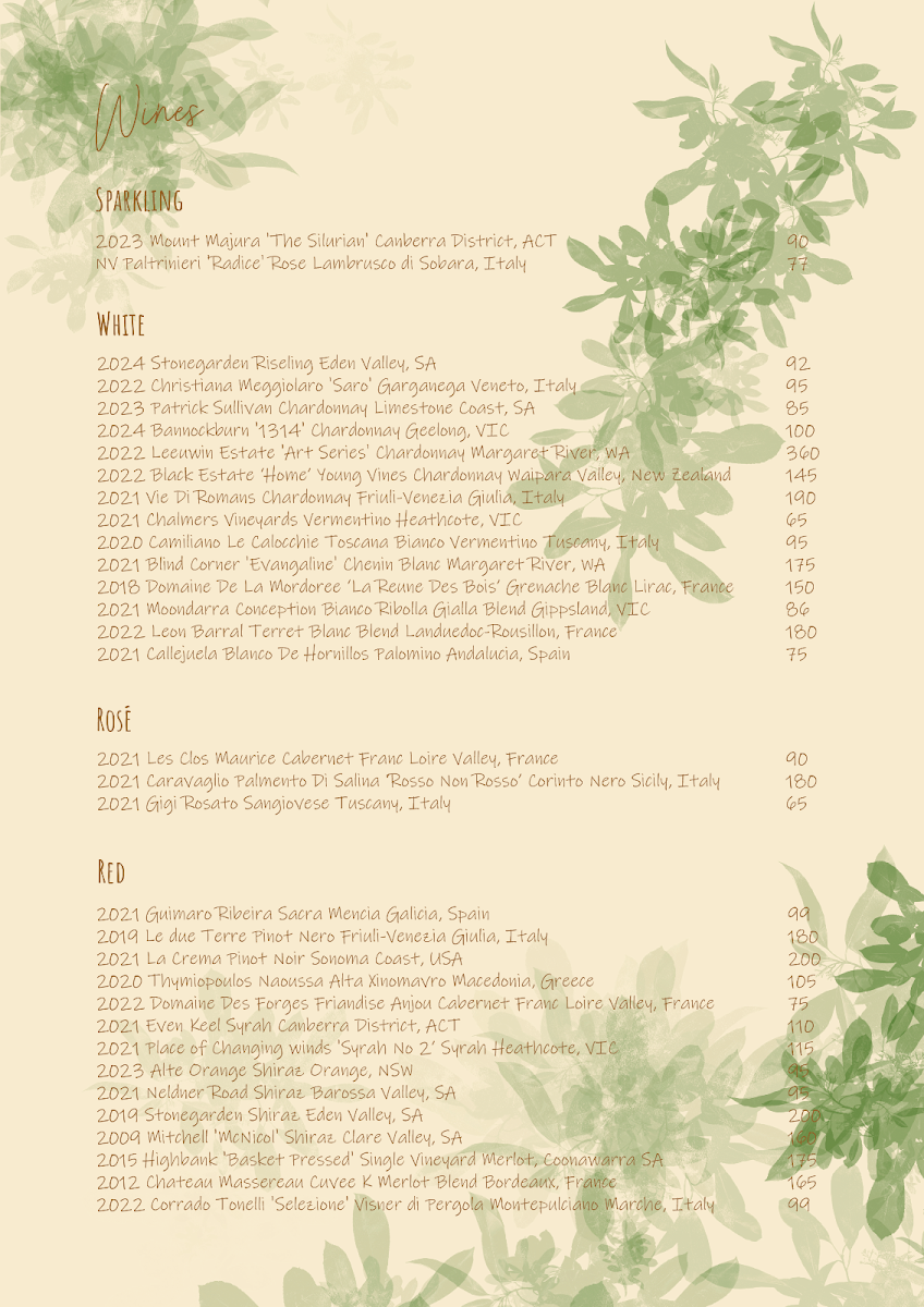 Menu, Joie Brasserie