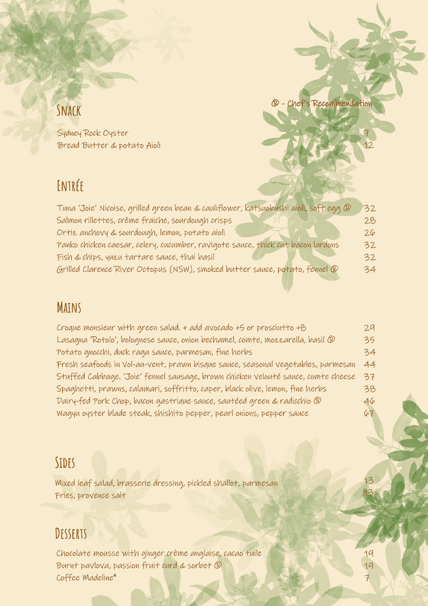 Menu, Joie Brasserie