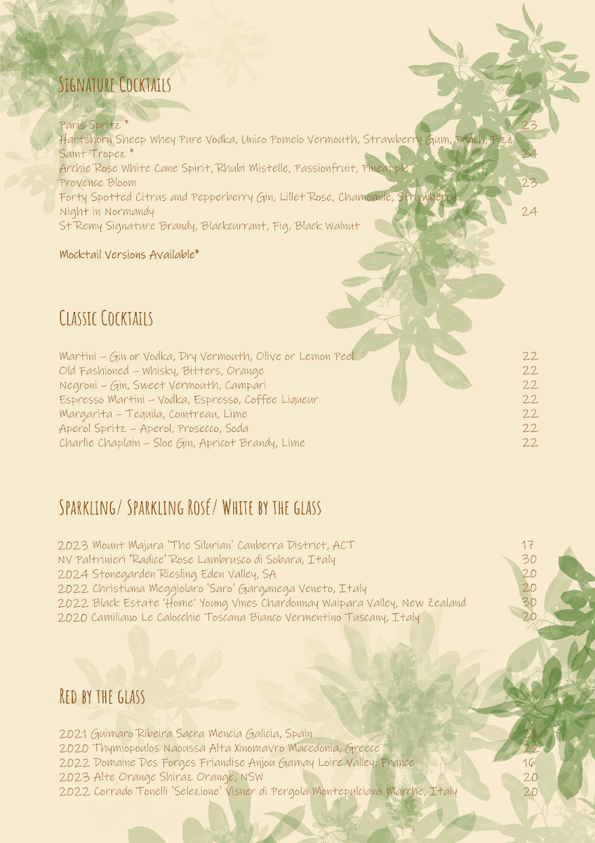 Menu, Joie Brasserie