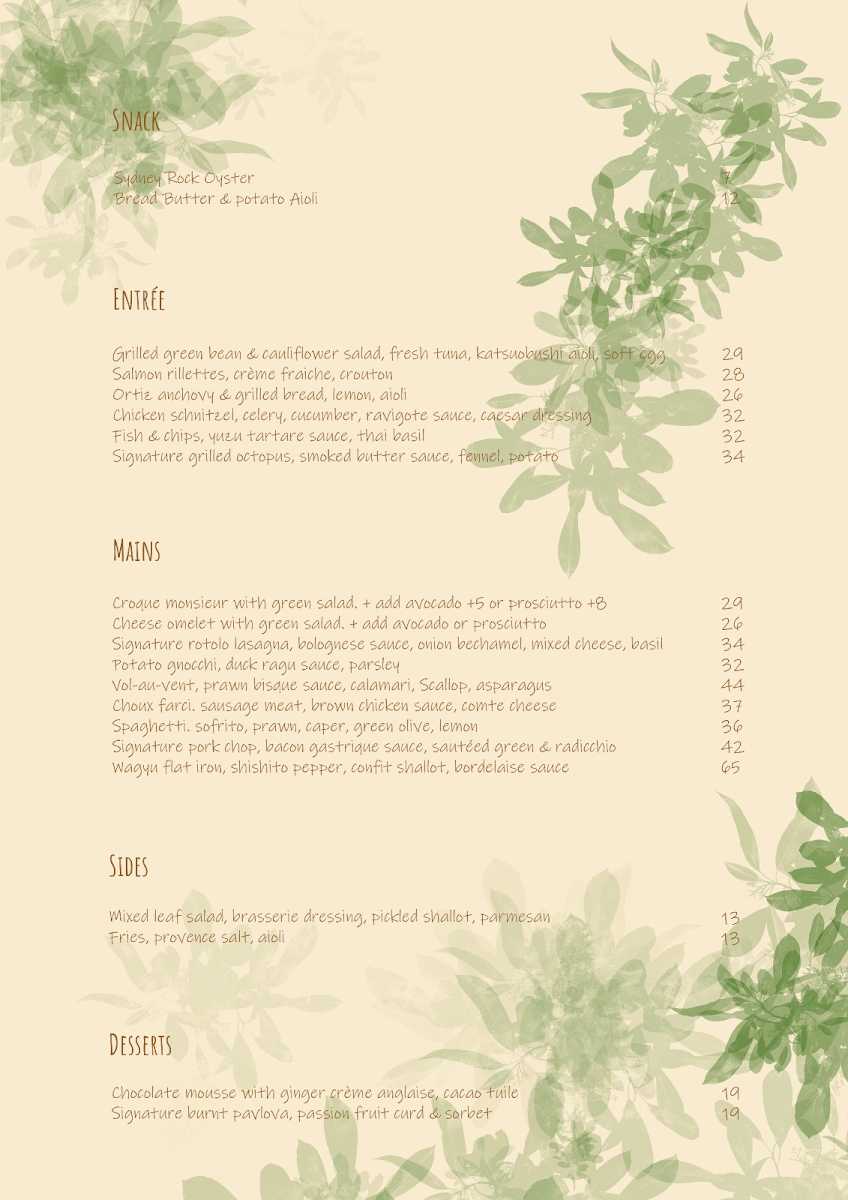 Menu, Joie Brasserie
