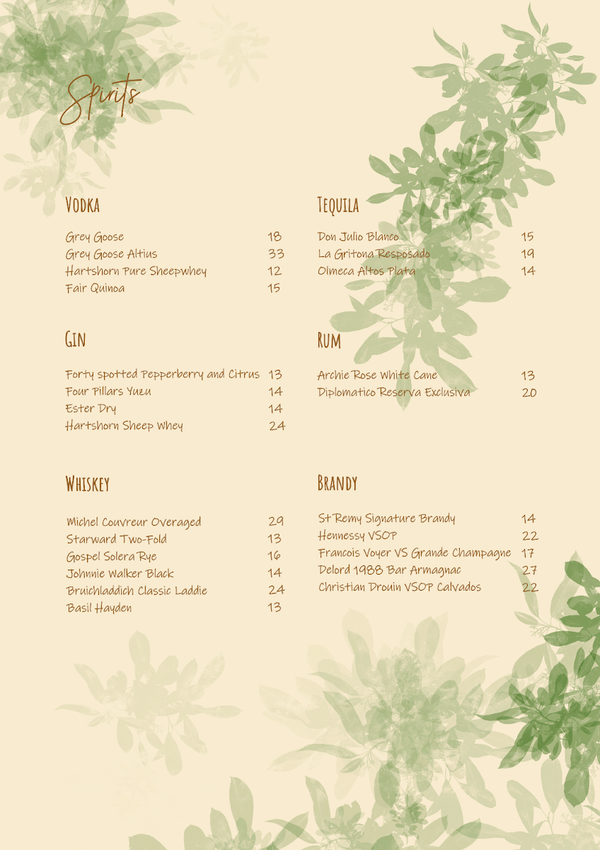 Menu, Joie Brasserie