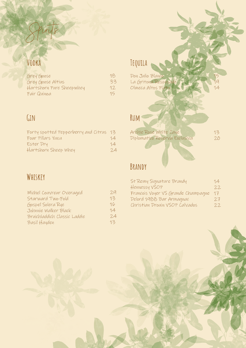 Menu, Joie Brasserie