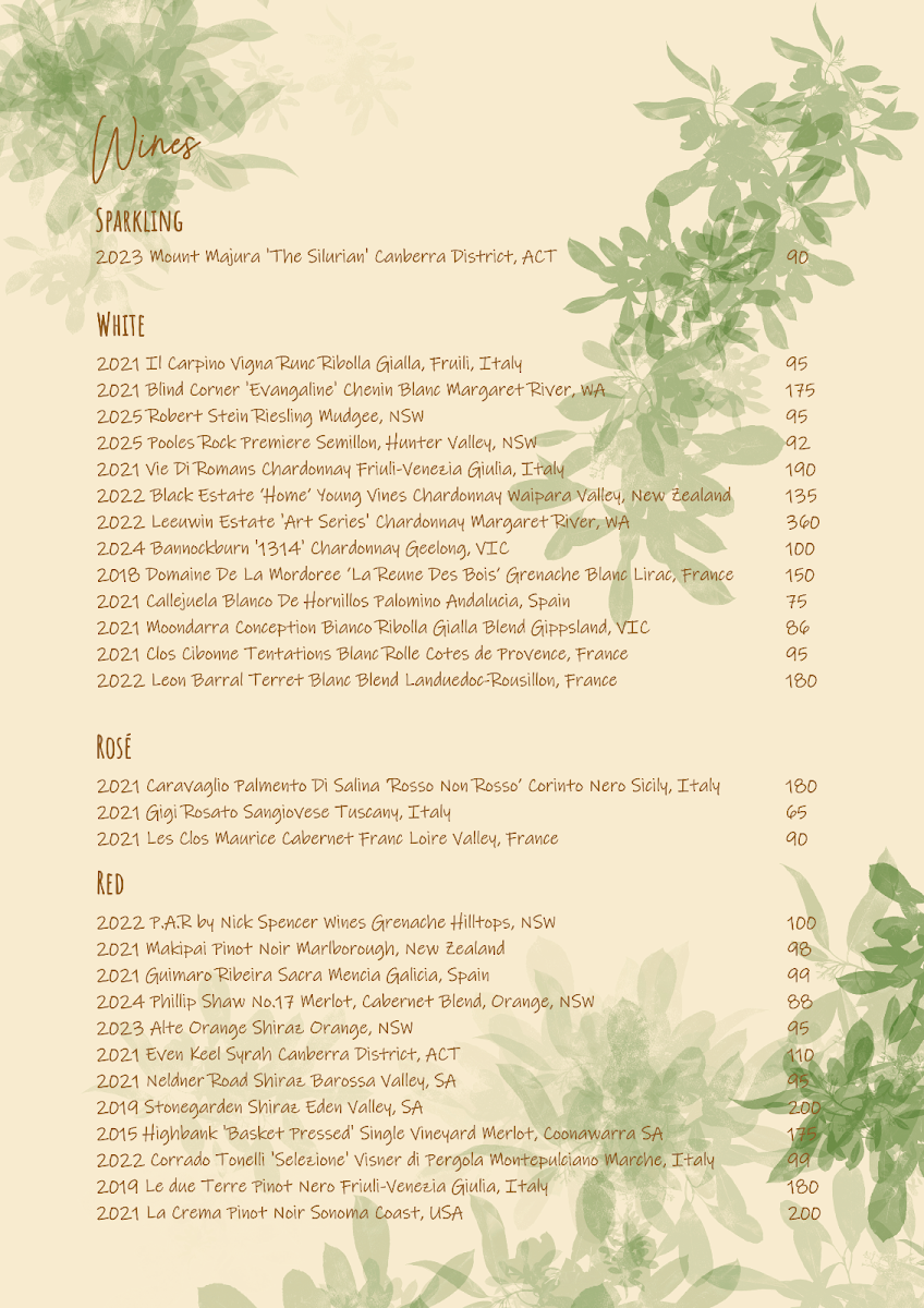 Menu, Joie Brasserie