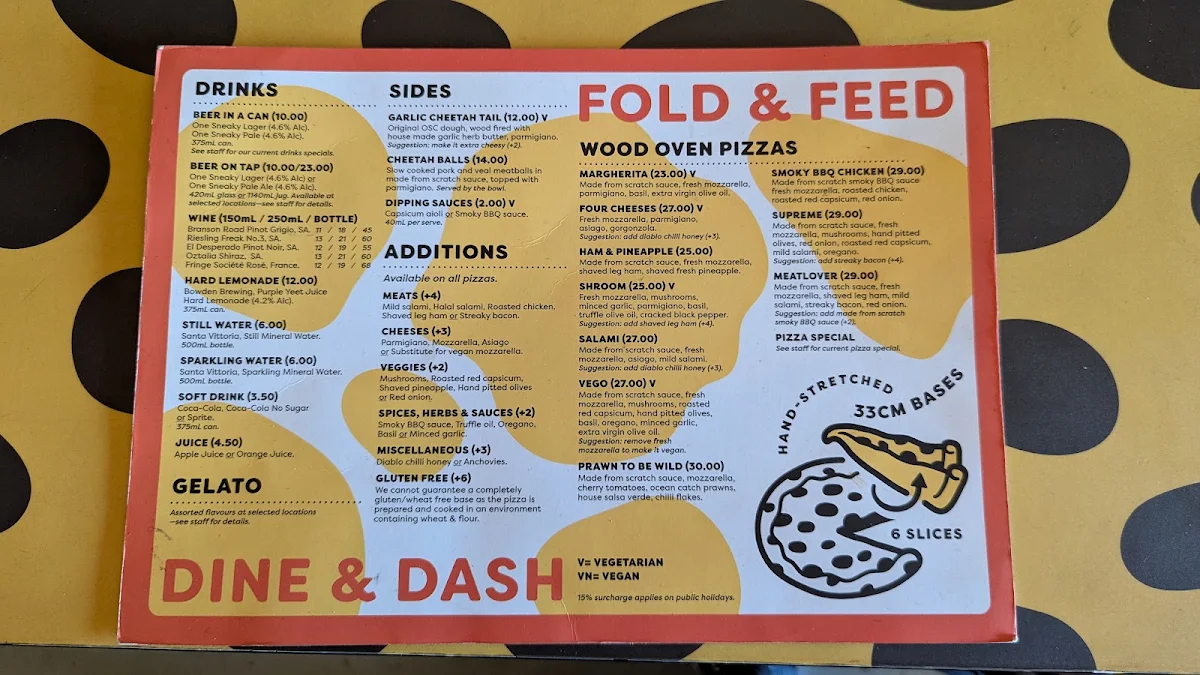 Menu, One Sneaky Cheetah - Ridleyton