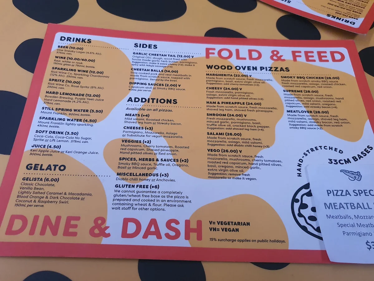 Menu, One Sneaky Cheetah - Ridleyton