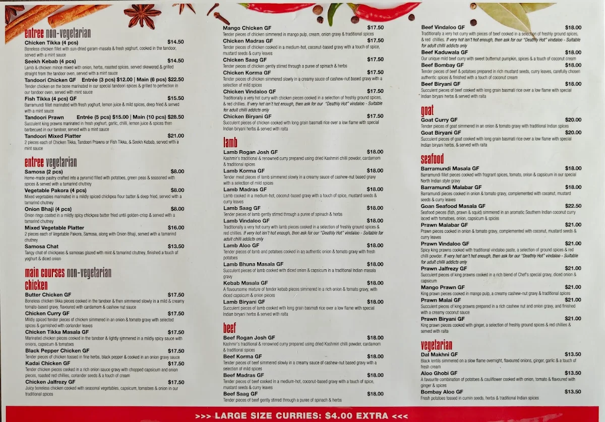 Menu, Surya Indian Cuisine