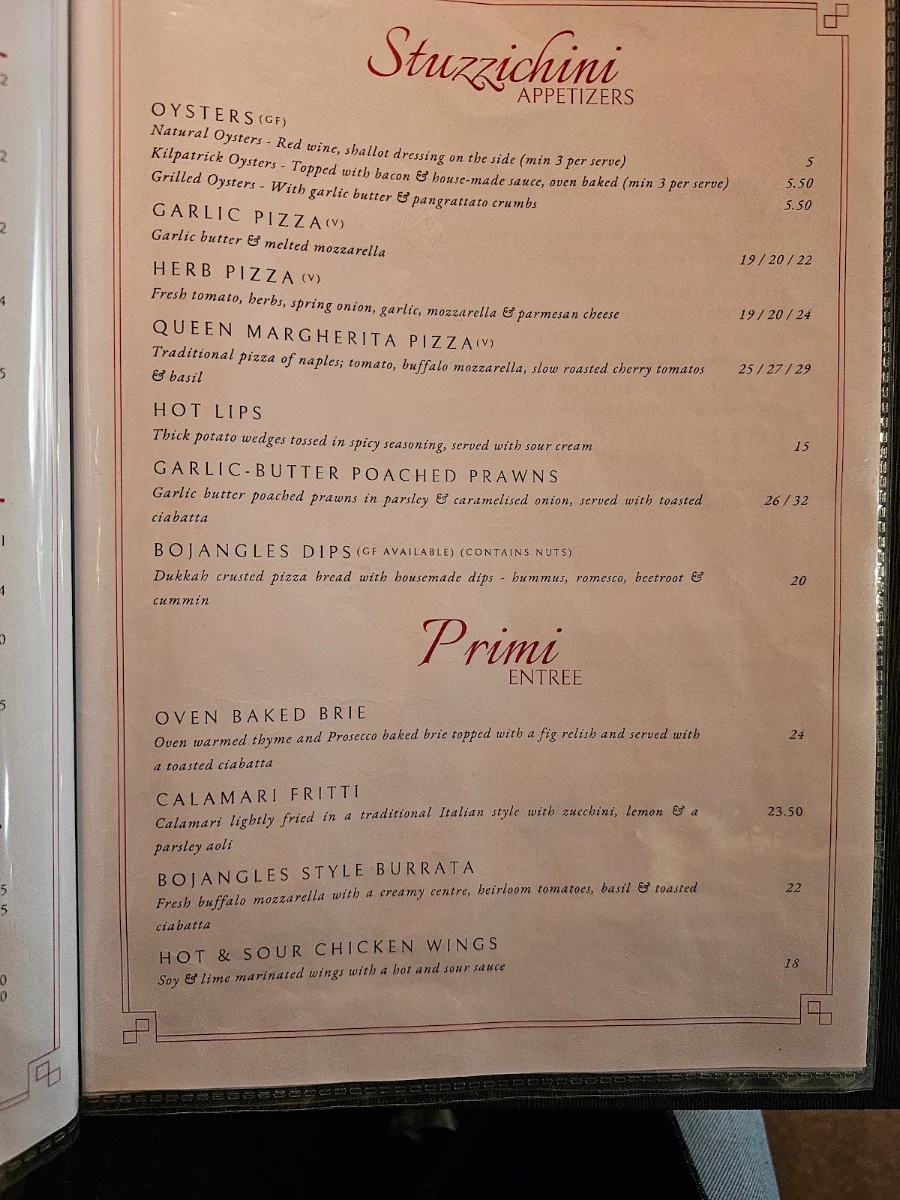 Menu, Bojangles Pizza Restaurant