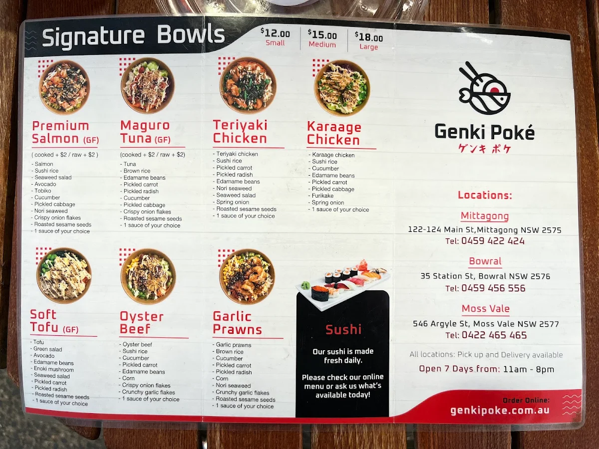 Menu, Genki Poké Moss Vale