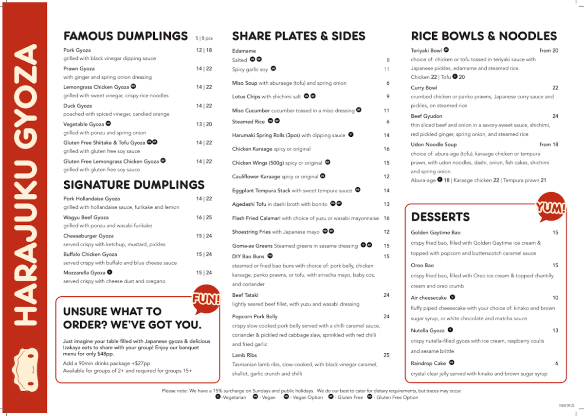 Menu, Harajuku Gyoza Beer Stadium Darling Harbour