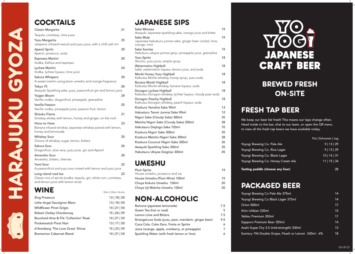 Menu, Harajuku Gyoza Beer Stadium Darling Harbour