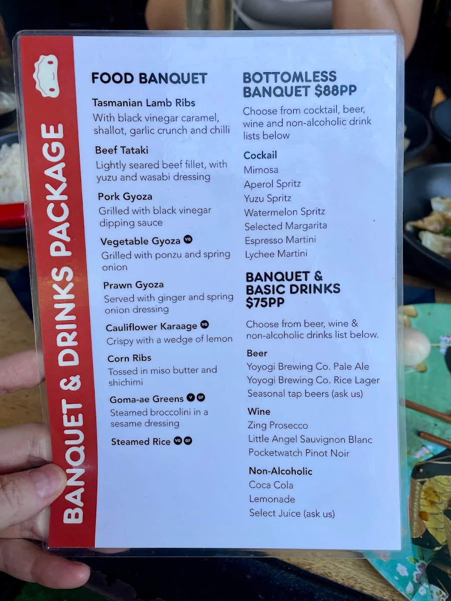 Menu, Harajuku Gyoza Beer Stadium Darling Harbour