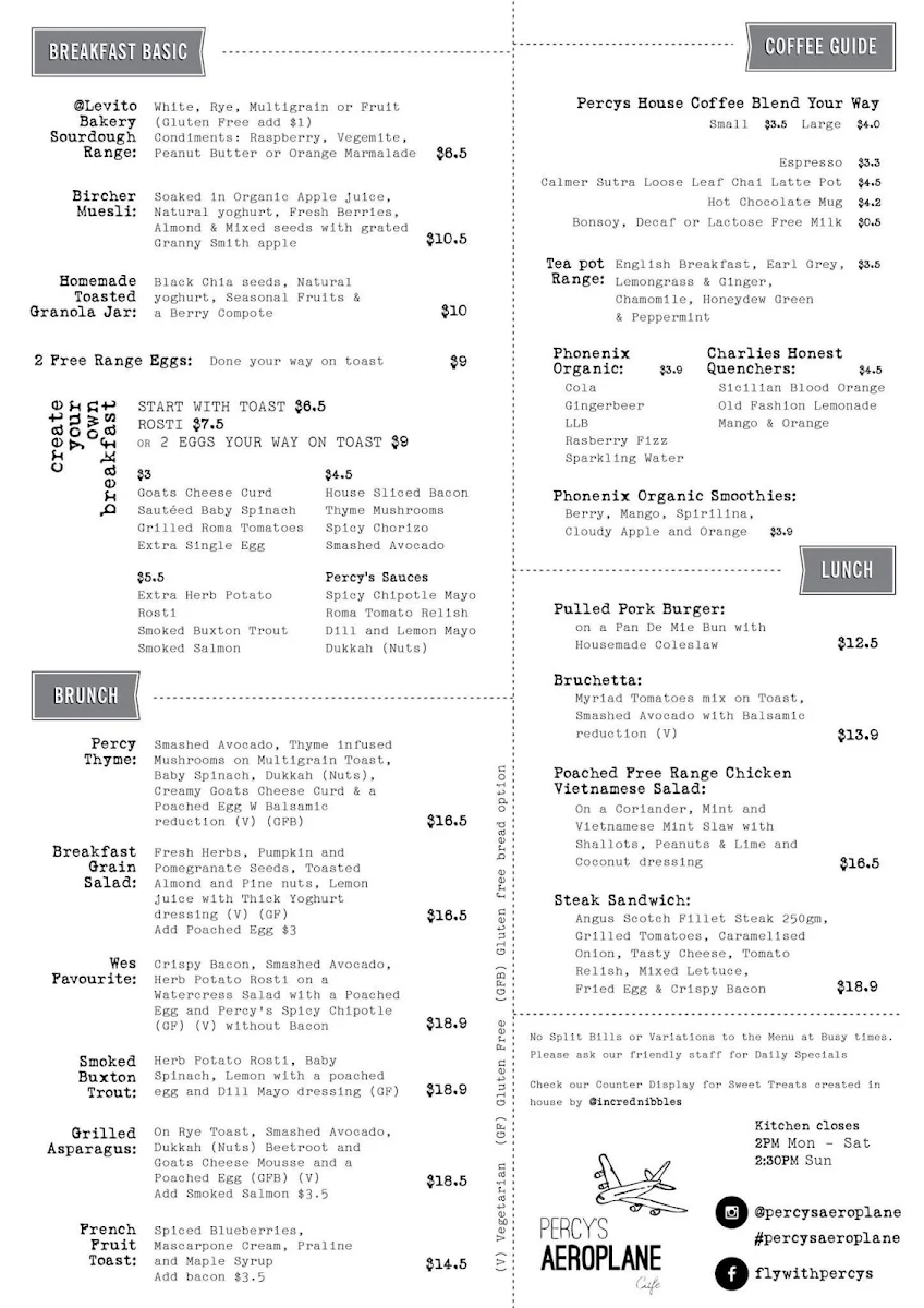 Menu, Percy's Aeroplane Cafe