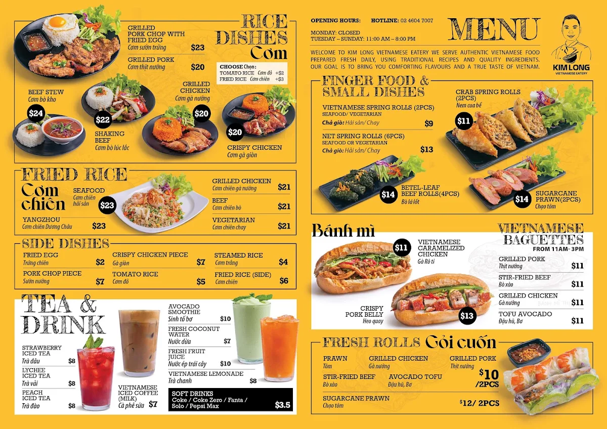 Menu, Kim Long Vietnamese Eatery